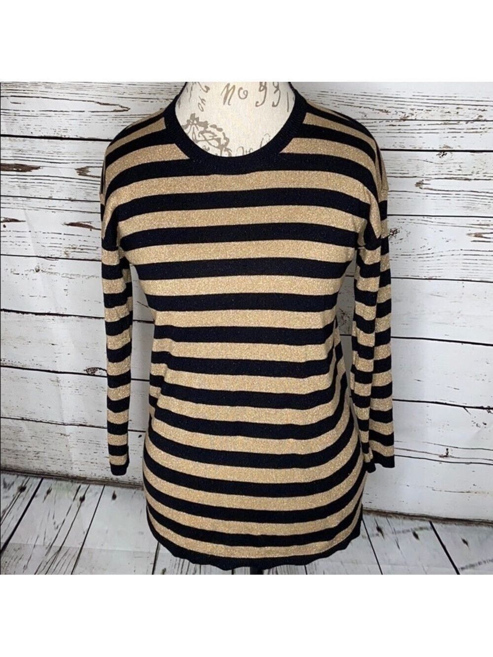 𝅺KASPER Deco Decadence Black/Gold Striped Sweater